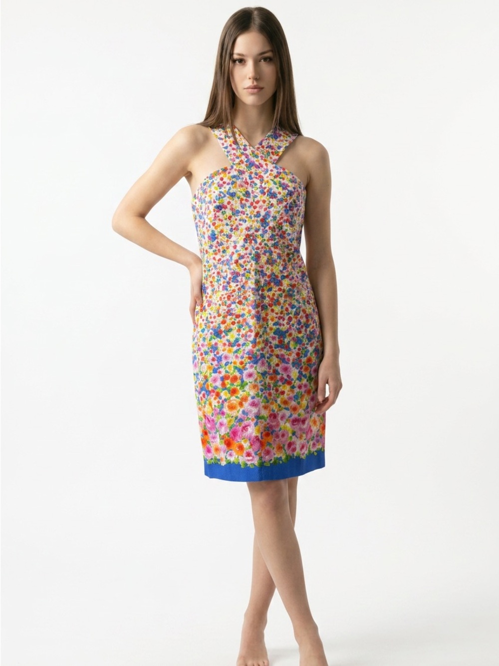 NWT Leggiadro Women’s 12 Multicolor Floral Halter Lined Shift Dress $695